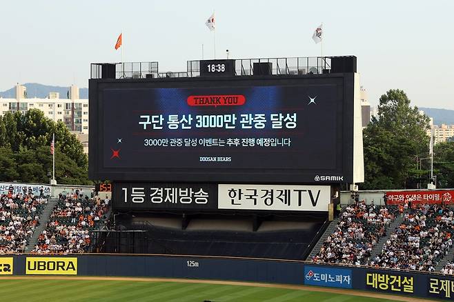 두산 베어스가 24일 서울 잠실야구장에서 열린 한화 이글스와의 홈경기에서 매진을 이루며 리그 역대 3번째로 누적 3000만 관중 기록을 세웠다. 두산 베어스