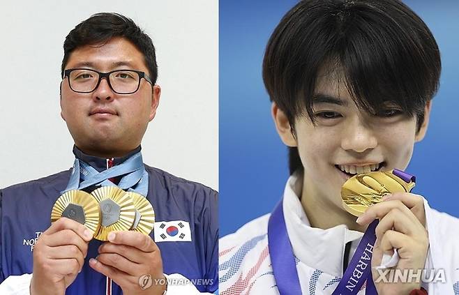 파리 올림픽 양궁 3관왕 김우진(왼쪽)과 하얼빈 동계아시안게임 피겨 金 차준환 [연합뉴스 자료 사진]