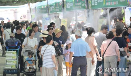 지난25일 개막해 27일까지 홍천종합운동장 주차장 일원에서 열린 제29회 홍천 찰옥수수축제장이 홍천 특산품인 찰옥수수를 구매하려는 관광객들로 북적이고 있다. 홍천=박승선기자