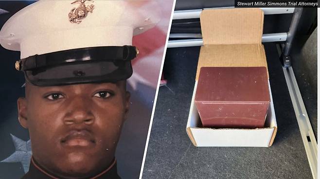 지난 2023년 11월 사망한 티머시 갈링턴(왼쪽)과 그의 뇌가 들어있었다는 장례식장이 제공한 상자. <출처=NBC 10 기사 갈무리>