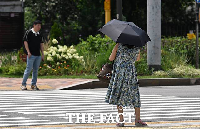 서울 전역에 폭염경보가 발효된 지난 24일 오후 서울 송파구 송파대로 일대에서 한 시민이 검은색 양산을 쓰고 있다. /박헌우 기자