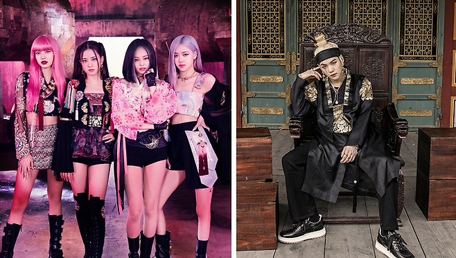 블랙핑크(왼쪽)는 2020년 공개한 신곡 ‘하우 유 라이크 댓’ 뮤직비디오에서 현대적으로 재해석한 한복을 선보였다. 같은 해 BTS의 멤버 슈가는 솔로곡 ‘대취타’ 뮤직비디오에서 검은 곤룡포를 입고 등장했다. [사진 출처=YG엔터테인먼트·빅히트뮤직(현 하이브)]