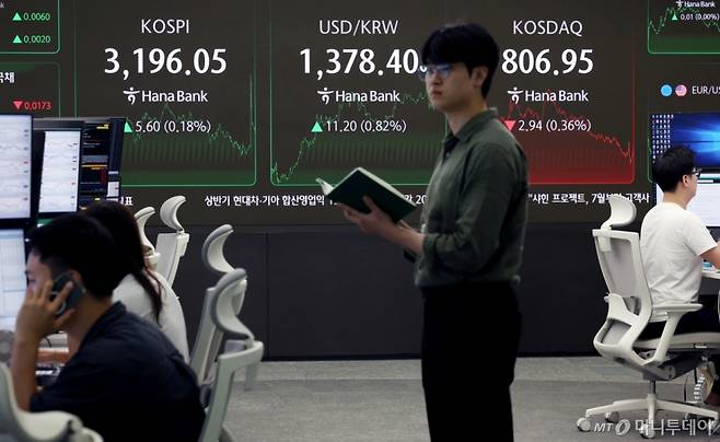 25일 서울 중구 하나은행 딜링룸에서 딜러들이 업무를 보고 있다.  /사진=뉴시스