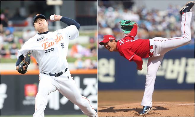 한화 이글스 류현진과 SSG랜더스 김광현이 데뷔 이래 처음으로 선발 맞대결을 펼친다. 사진은 한화에서 활약 중인 류현진(왼쪽)과 SSG 김광현의 모습. /사진=뉴스1