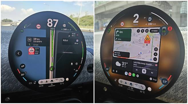 ‘더 뉴 올-일렉트릭 MINI 쿠퍼’에 기본 탑재된 티맵 내비게이션을 활성화 했을 때(왼쪽)와 스마트폰을 블루투스로 연결해 내비게이션을 사용했을 때 화면. 서재근 기자