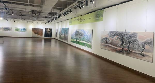 지난 22~27일 김해 윤슬미술관에서 열린 박우경 화가의 8번째 전시 '바람이 선을 만들 때' 작품들.