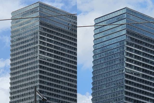 서울 신길역에서 여의도의 ‘FKI타워’를 찍은 모습. ‘갤럭시Z폴드7’(왼쪽)로 찍은 사진이 ‘갤럭시S23 플러스’로 찍은 사진보다 더 선명하다. 김나인 기자