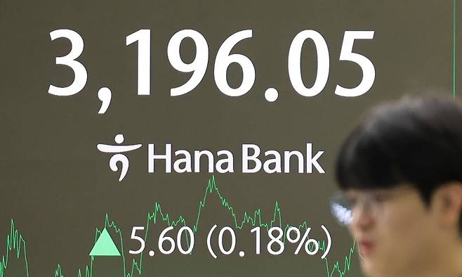 코스피지수는 지난 25일 전날보다 5.60(0.18%) 오른 3196.05에 거래를 마쳤다. 연합뉴스