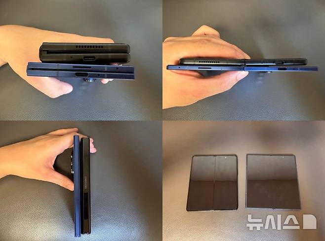 [서울=뉴시스]갤럭시 Z 폴드7(블루 쉐도우)과 갤럭시 Z 폴드3(팬텀 블랙)의 두께 및 화면 너비 비교. (사진=윤현성 기자)
