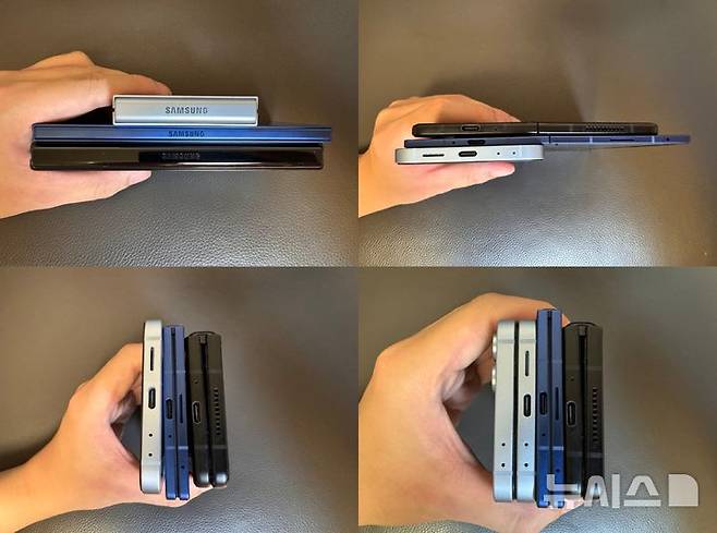 [서울=뉴시스]갤럭시 Z 폴드7(블루 쉐도우), 갤럭시 Z 폴드3(팬텀 블랙), 갤럭시 Z 플립6(블루)의 접었을 때와 폈을 때 두께 비교. (사진=윤현성 기자)