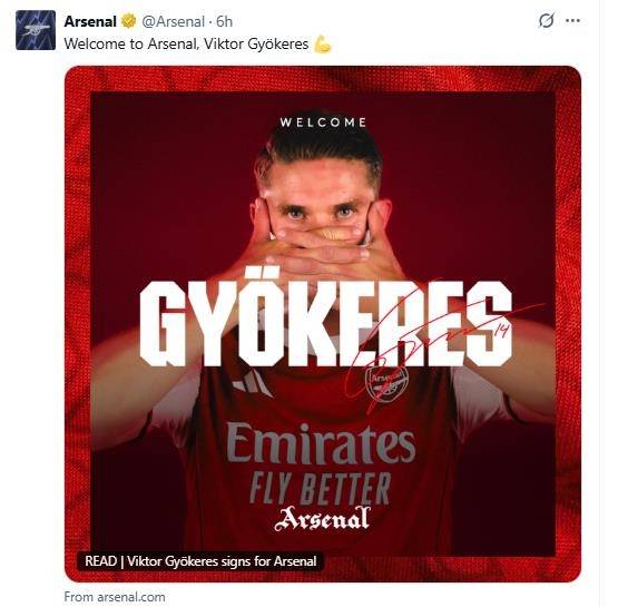 요케레스의 영입을 발표한 아스널. [아스널 구단 SNS. 재판매 및 DB 금지]