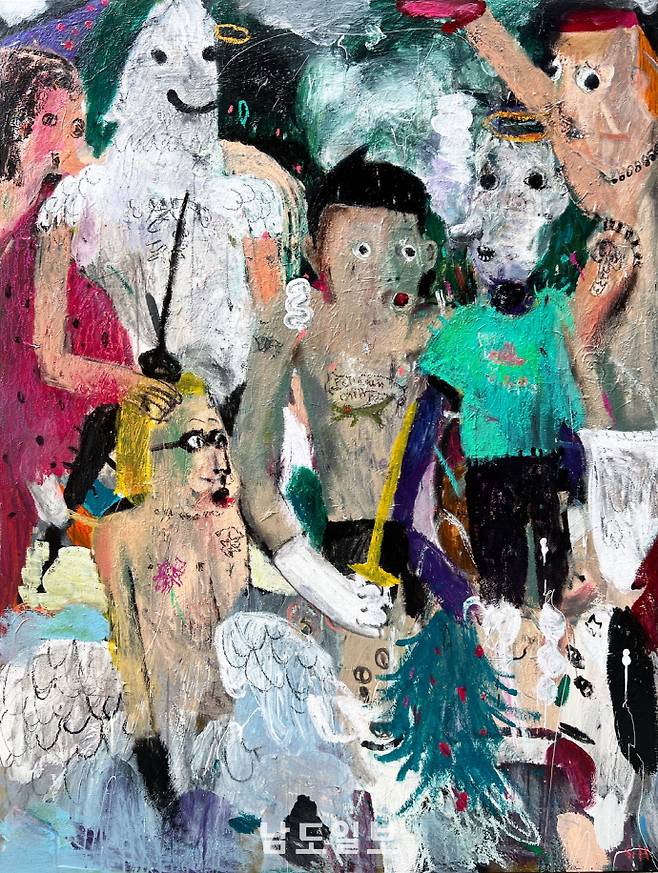윤상하 作 'felldown children'(162x122㎝, acrylic, oil on canvas, 2025)