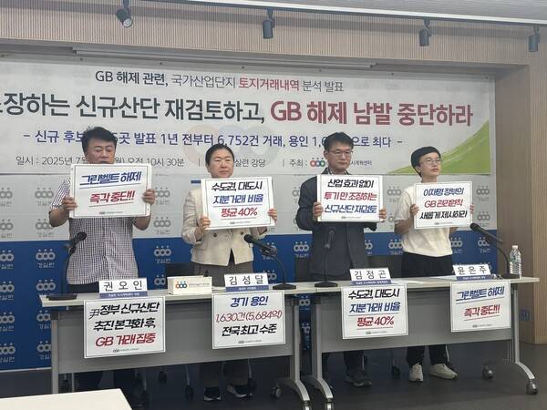 경제정의실천시민연합이 28일 윤석열 정부 당시 신규 국가산업단지 지정 때 개발제한구역(그린벨트·GB) 해제 관련 토지거래내역 분석발표 기자회견을 하고 있다. /연합뉴스