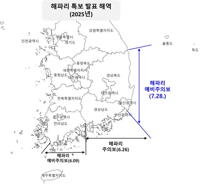 해파리 특보 발표 해역. *‘울산·경북 동해 앞바다’ 해파리 예비주의보 특보 추가 발표(7월 28일). 해수부 제공