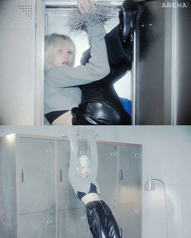 프린지 소매 카디건 블루마린, 팬츠 MSGM, 모자 어티슈, 네크리스 위민, 이너 톱·슈즈 모두 스타일리스트 소장품.&nbsp;