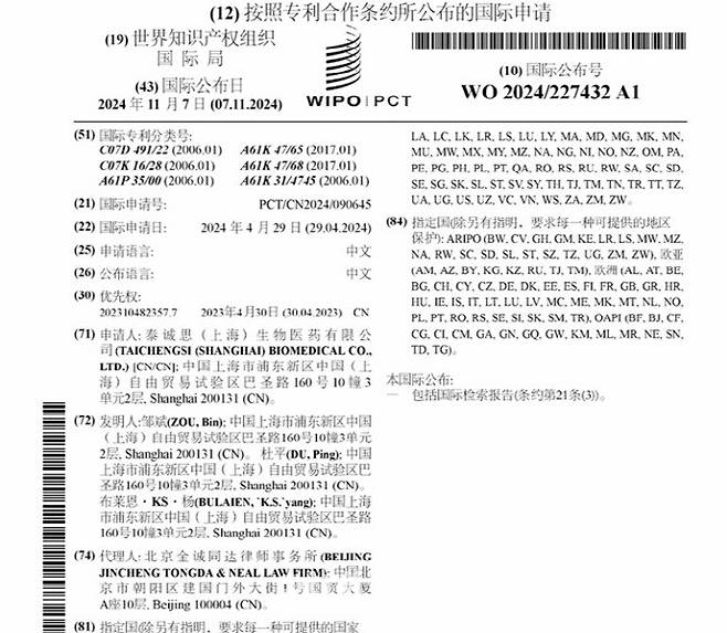 인투셀 넥사테칸 특허 보다 선행 출원된 중국 기업의 유사 특허.(자료=WIPO)