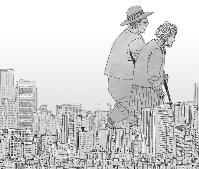 “내 아들 이OO씨, 여기 사나요?”라며 아파트 단지를 돌던 84세 아버지. 소설보다도 더 소설 같은 이 장면은 기자가 폭염 속 현장에서 직접 목격한 씁쓸한 현실이었다./일러스트=이철원