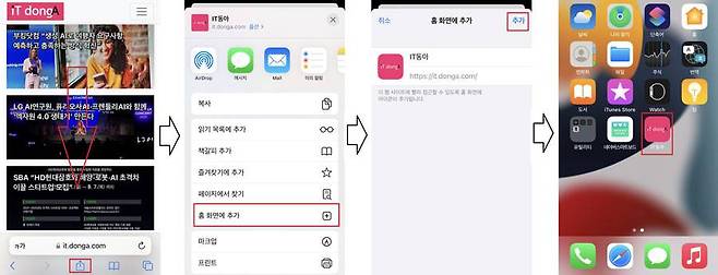 애플 사파리를 이용, 홈 화면에 웹 사이트 실행 아이콘을 추가하는 방법 / 출처=IT동아