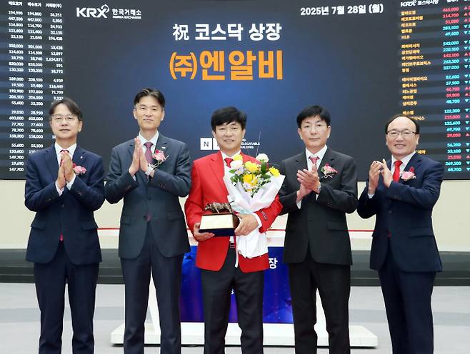 28일 코스닥 상장한 엔알비 주가가 장 초반부터 급락했다. 사진은 엔알비 상장 기념식에서 기념 촬영하는 강건우 엔알비 대표이사와 이성 NH투자증권 IB사업부 총괄대표./사진=한국거래소 제공