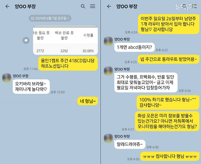 쿠팡의 하청 배송대리점 '한길로지스틱스'의 대표 황 모 씨와 쿠팡 홍보팀 양 모 부장이 나눈 카카오톡 대화. 왼쪽 대화를 보면, 황 씨가 양 부장에게 입찰 배송구역을 알려주고 있다. 오른쪽 대화에서 황 씨는 배송구역 수주와 관련해 양 부장에게 '감사하다'고 말했다. 또, 양 부장은 경기도 화성 배송구역 관련 정보를 미리 알려주겠다고도 했다.&nbsp;