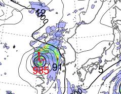 한반도에 접근하는 강수 시나리오 [기상청 제공] 주 후반 날씨 예측 모델 결과. 28일(월) 기준으로 한참 먼 날짜의 날씨 예측이므로 불확실성이 큽니다.