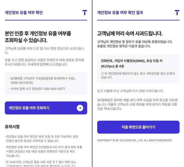 SK텔레콤의 개인정보 유출 피해 조회 서비스 화면.