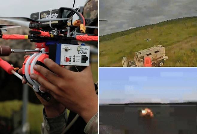 미군 자폭 드론 실전 시험 장면 - 왼쪽: 미 육군 병사가 시험용 자폭 드론을 점검하고 있다. 드론에는 모의 폭약과 카메라, 조종 장치가 장착됐다. 오른쪽 위: 조종병이 FPV 고글을 통해 실시간으로 장갑차 모형을 조준하는 시야 화면. 오른쪽 아래: 표적 차량에 드론이 충돌한 직후 폭발이 일어나는 장면. 출처=미 국방부