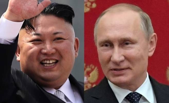 왼쪽부터 김정은 북한 국무위원장, 블라디미르 푸틴 러시아 대통령 자료사진