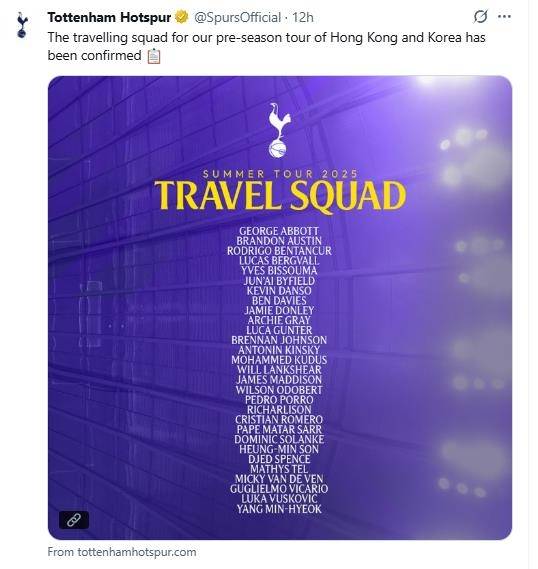 아시아투여 명단을 발표한 토트넘.  [토트넘 구단 SNS. 재판매 및 DB 금지]
