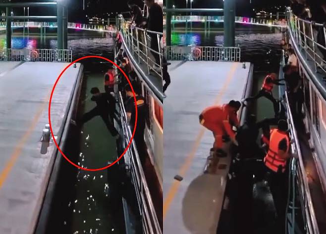 태국 방콕 차오프라야강 선착장에서 여객선 정박 전 뛰어내려 물에 빠진 한국인 남성. (사진=틱톡 캡처)