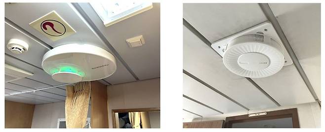 ▲선박용 스마트 공기정화 시스템 '스마트 에어 세이프'(왼쪽)와 공기 정화 필터 ‘클린 에어 세이프' 설치 모습. 한국해양대 제공