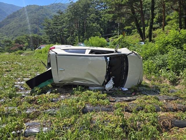 ▲ 29일 오후 2시 29분 정선군 여량면에서 모닝 한 대가 주행하던 중 인근 밭으로 구른 뒤 전도됐다. 강원소방본부 제공