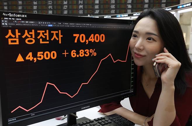 서울 여의도 한국거래소에 삼성전자 주가가 64,700원을 나타내고 있다.  사진=이솔 한국경제신문 기자