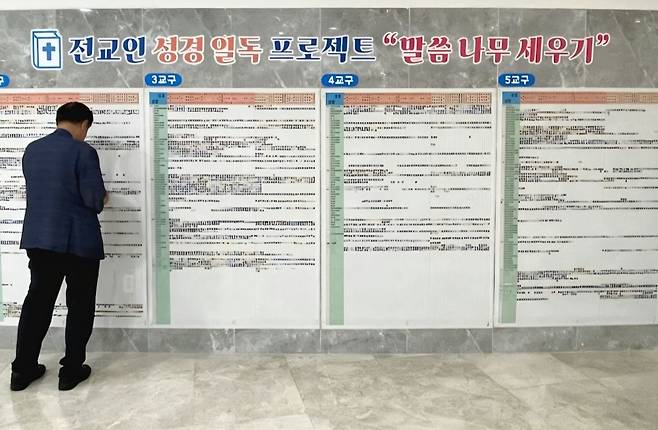 광주동명교회 교인이 지난 27일 광주동명교회 예배당 앞 붙어있는 성경일독 읽기표에 스티커를 붙이고 있다. 교회 제공