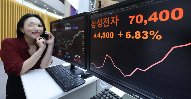 삼성전자가 테슬라와 파운드리 공급계약을 체결했다고 전일 발표한 가운데 지난 28일 서울 여의도 한국거래소 홍보관에 약 11개월 만에 7만원 선을 회복한 삼성전자 주가가 표기돼 있다. [한주형 기자]