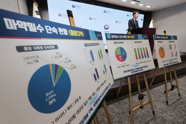 최문기 관세청 국제조사과장이 29일 서울 강남구 서울본부세관에서 2025년 상반기관세청 마약밀수 단속현황 및 향후계획을 발표하고 있다. 연합뉴스