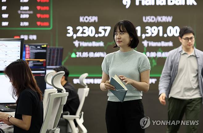 환율, 한미 관세협상 앞두고 9원 오른 1,391원 (서울=연합뉴스) 윤동진 기자 = 코스피가 전장보다 21.05포인트(0.66%) 오른 3,230.57에 장을 종료한 29일 서울 하나은행 본점 딜링룸에서 딜러들이 업무를 보고 있다. 이날 코스피는 닷새 연속 올라 3,230대로 올라서며 4년 만에 최고치를 기록했다. 2025.7.29 mon@yna.co.kr