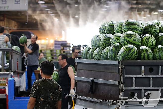 중복을 하루 앞둔 29일 대구 북구 매천동 대구농수산물도매시장 하역장에서 작업자들이 산지에서 올라온 수박을 분류하고 있다. 하역장 주변에는 쿨링포그가 가동돼 무더위를 식혀주고 있다. 2025.7.29/뉴스1 ⓒ News1 공정식 기자