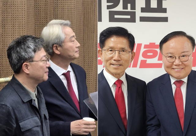 지난 7월28일 국회 소통관에서 국민의힘 최고위원 출마 선언에 나선 김근식 송파병 당협위원장 기자회견에 같은 친한동훈계 박정하(가장 왼쪽) 의원이 배석해 응원하는 모습(좌 사진). 지난 6월5일 제21대 대선에 패배한 국민의힘 대선캠프 해단식에 참석한 김문수 전 대선후보와 김재원(가장 오른쪽) 후보 비서실장의 모습(우 사진).<김근식·김재원 페이스북 사진 갈무리>