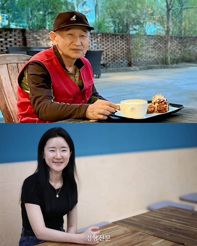 산업재해 유가족 문혜연씨(34)가 지난 18일 서울 중구 경향신문사에서 문유식씨의 사진(위)을 재연하고 있다. 성동훈 기자