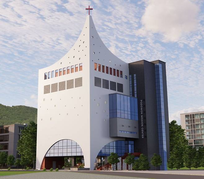 경남 양산 물금읍 범어리에 위치한 총 6층 규모의 부산 포도원교회 양산미션센터 전경.