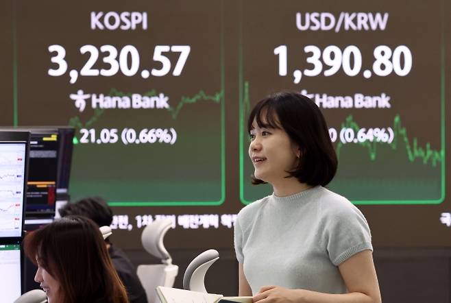 주가 오르고 환율 뛰는 금융시장 - 서울 중구 하나은행 본점 딜링룸 현황판에 코스피 종가와 원달러 환율이 표시돼 있다. 다음달 1일 상호관세 협상 기한을 앞두고 달러가 강세를 보이며 원달러 환율이 11일 거래일만에 다시 1390원대로 올라왔다. 코스피는 전 거래일 대비 21.05포인트(0.66%) 오른 3230.57로 4년 만에 최고치를 기록하며 연고점을 새로 썼다. 연합뉴스