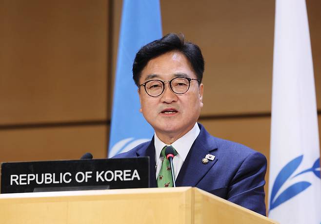 세계국회의장회의에서 기조연설 중인 우원식 국회의장 ⓒ연합뉴스