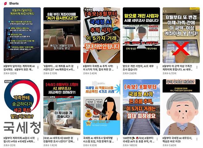 국세청의 개인 대상 AI 세무조사설과 관련한 유튜브 쇼츠 [유튜브 화면 갈무리. 재판매 및 DB 금지]