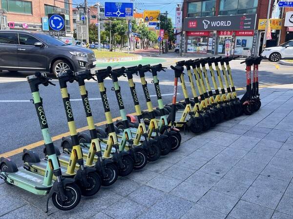 거창군이 개인형 이동장치(전동 킥보드) 무단 주차와 교통 방해 등 문제를 근절하고자 본격적인 안전관리에 나선다. 지정구역에 주차된 개인형 이동장치. /거창군