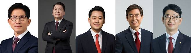 국민의힘 당대표 후보로 등록한 김문수 전 고용노동부 장관(왼쪽부터), 안철수·장동혁·조경태·주진우 의원(사진 = 국민의힘 제공)