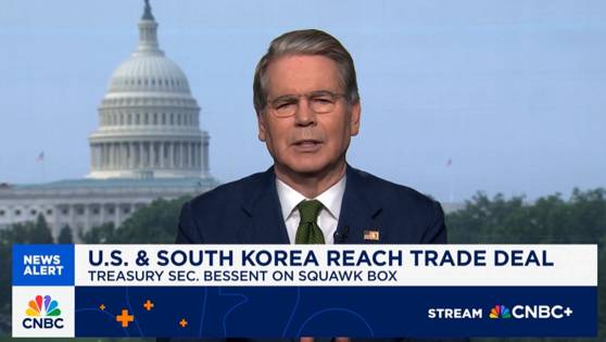 스콧 베센트 미국 재무부 장관이 CNBC에 출연해 한국과의 관세 협상에 대해 인터뷰하고 있다. 〈사진=CNBC 방송화면 캡처〉