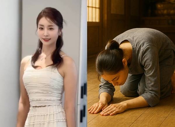 한다감이 108배 후 무릎 통증을 호소했다. [사진=한다감 SNS, 챗GPT 생성]