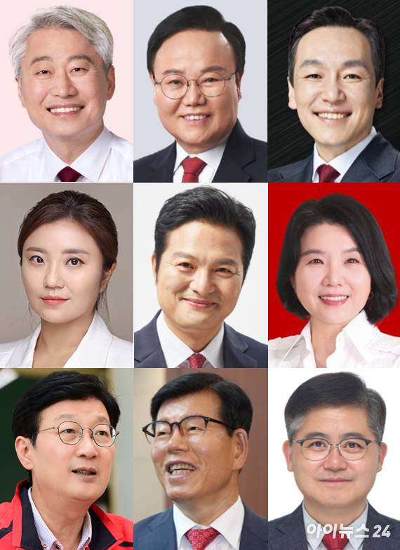 국민의힘 8·22 전당대회 최고위원 출마 후보들. 왼쪽부터 김근식 서울 송파병 당협위원장, 김재원 전 최고위원, 김민수 전 대변인, 김소연 변호사, 김태우 전 서울 강서구청장, 류여해 전 최고위원, 손범규 인천 남동갑 당협위원장, 장영하 변호사, 함운경 마포을 당협위원장 [사진=각 후보 SNS 사진 화면 캡쳐]