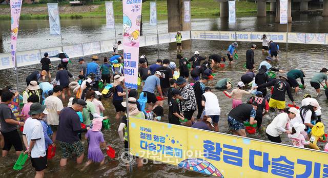 ▲ 철원 화강 다슬기축제의 메인 콘텐츠인 황금다슬기잡기에 많은 인파라 몰려 다슬기를 잡고 있다.  이재용